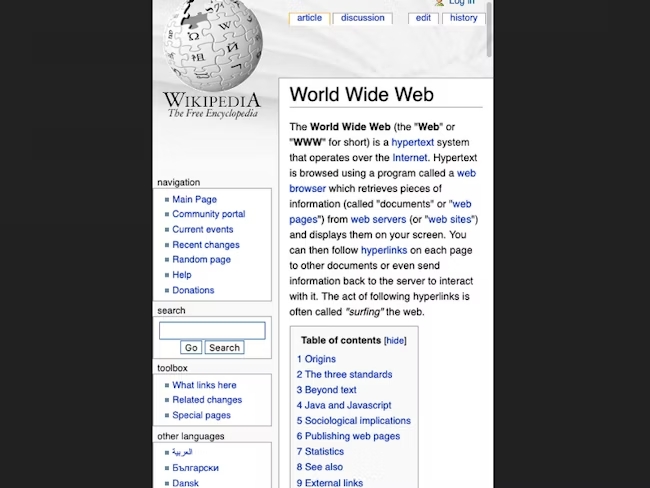 Wikipedia Home page on a narrow screen