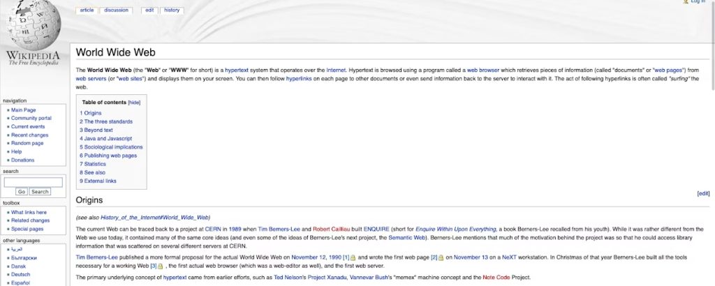 Wikipedia home page on a wide screen
