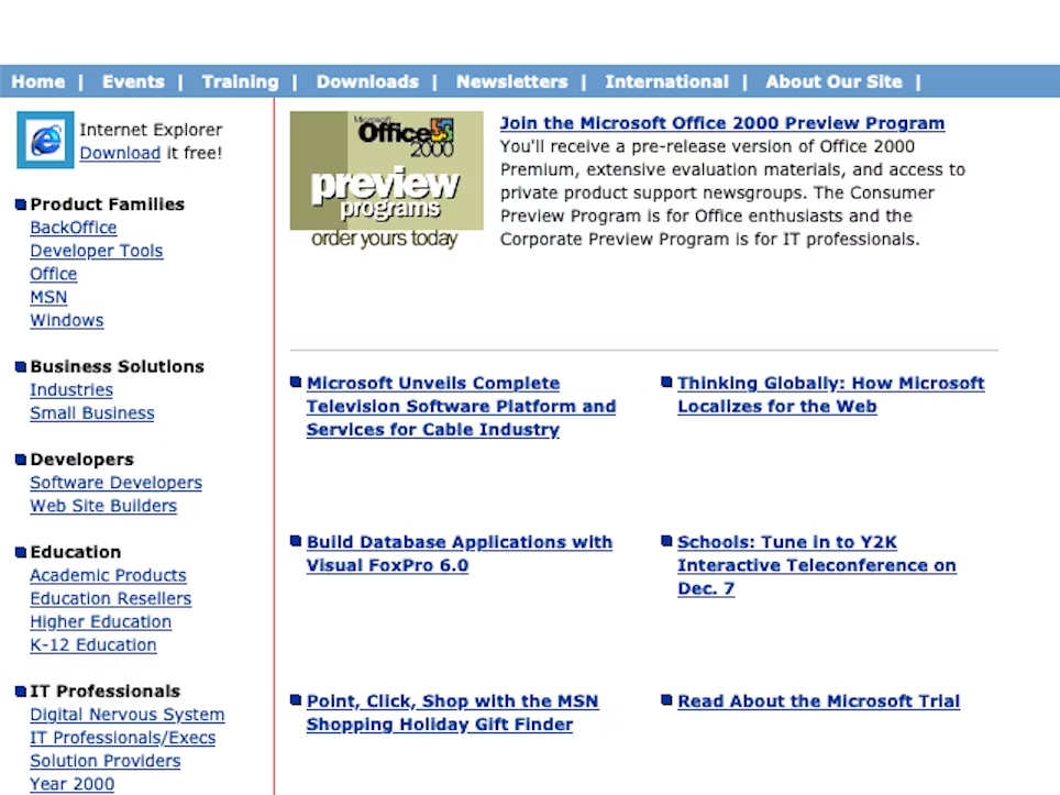 The Microsoft website home page in 1990s