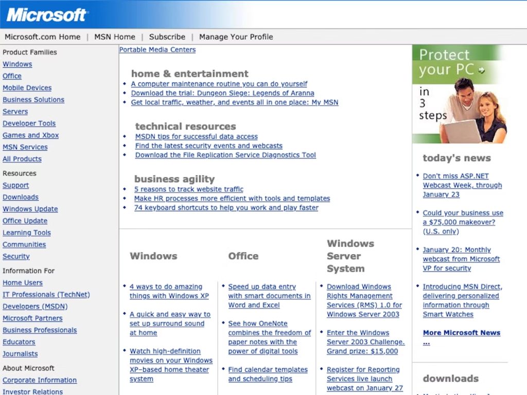 The Microsoft website home page in early 2000s